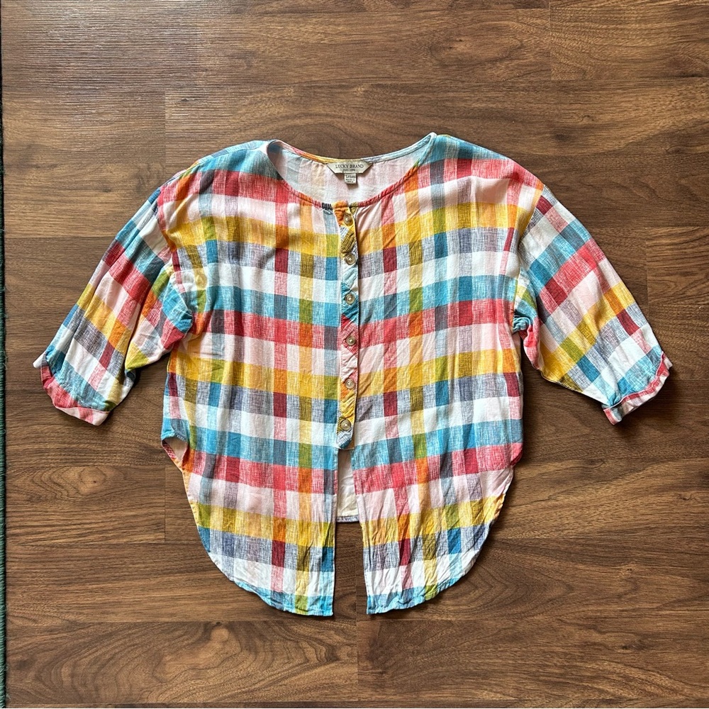 Lucky Brand Tie-front Crop Top Multicolor Plaid Button Up Blouse